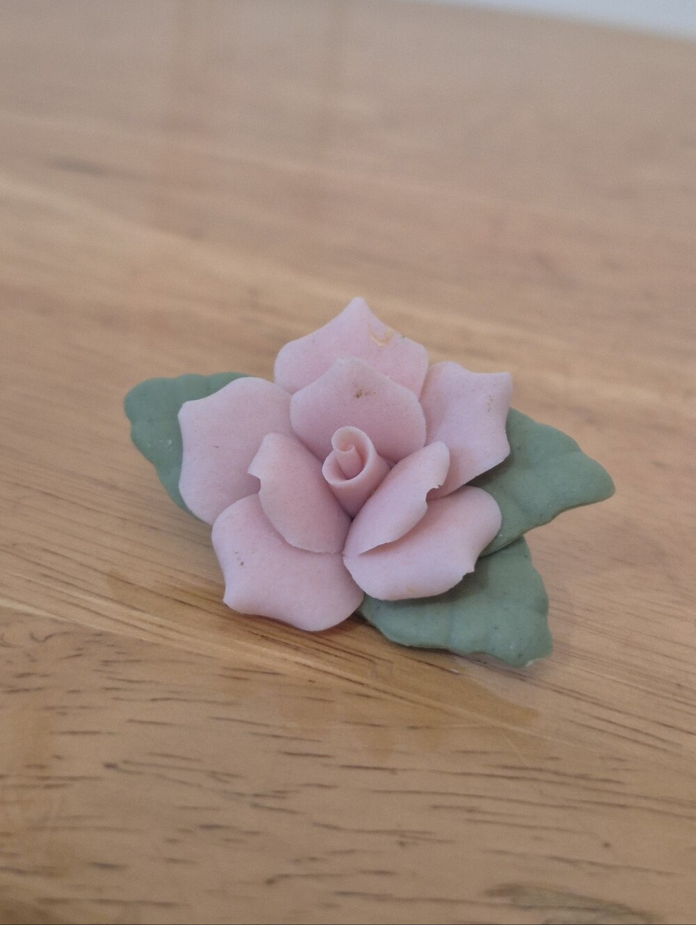 Pastel porcelain pink rose Brooch pin with green leaves